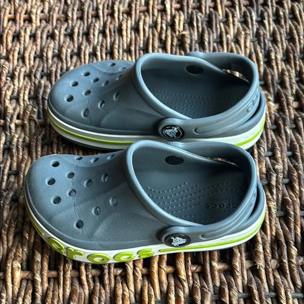 Kids Crocs Gray Clogs with Green Accents 9